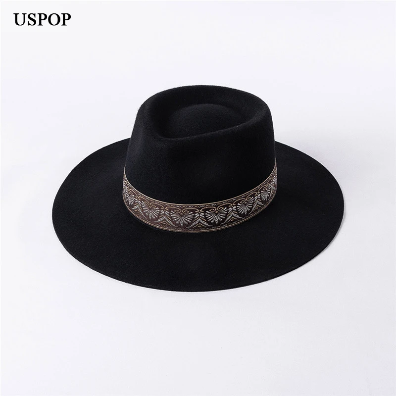 USPOP 2022 New Autumn Vintage Embroidered Ribbon Wide Brim Wool Jazz Fedoras Winter Women Wool Hats