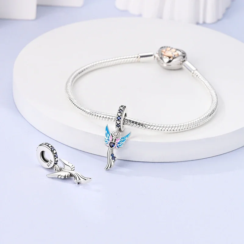 

Подвески Plata 925, синие, розовые, ангельские бусины в форме сердца, подходят для оригинальных браслетов 925, подвески для женщин, ювелирные изделия, сделай сам, подарки