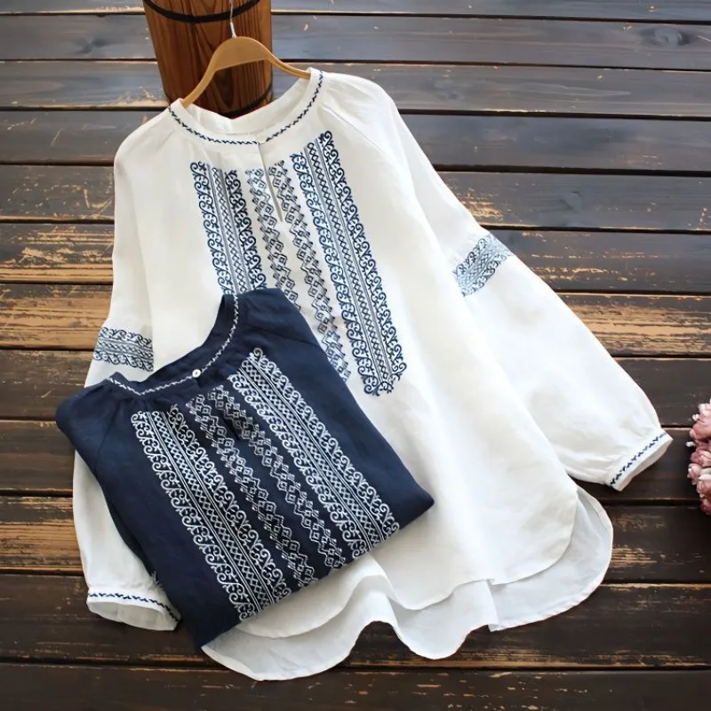 

Vintage Spring Autumn Fashion Striped Embroidery Pure Cotton T-Shirt Women Casual Loose O-neck Elegant Commute Long Sleeve Tops