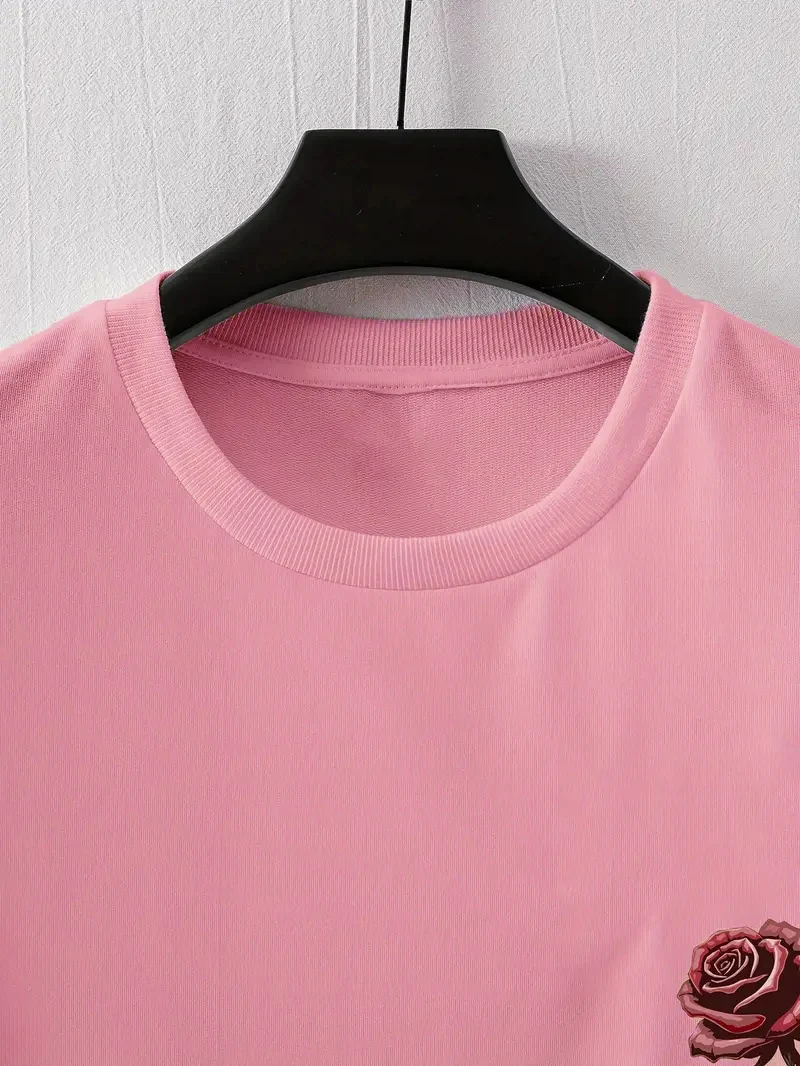 تي شيرت رجالي 100% من القطن الخالص كاجوال فضفاض رياضي هيكل عظمي للنساء وطباعة وردة حمراء برقبة دائرية وأكمام قصيرة #4