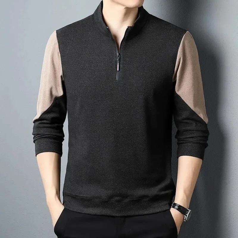 Men Spring Autumn Thin Stand Collar Zipper T Shirt Solid Color Double Sided Fleece Derong Base Layer Casual Long Sleeve Top
