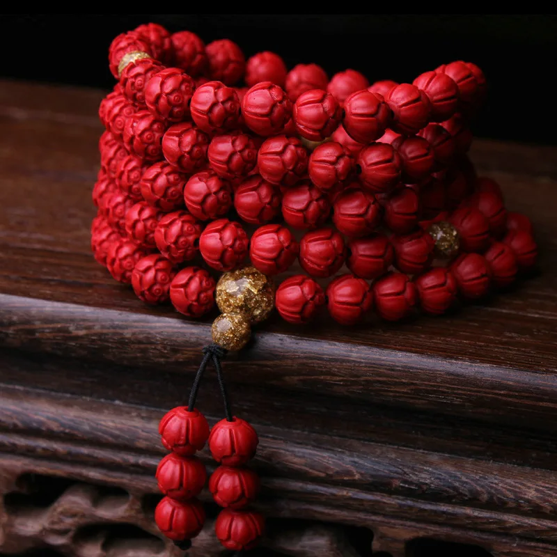 Cinnabar Carving Lotus Bracelet 108 Beads Long Cinnabar HandString Tourist Temple Buddha Beads Rosary Lucky Chanting Sutras Bead