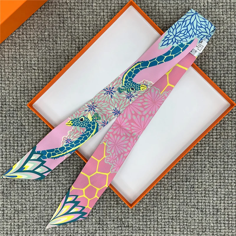 Pobing Animals Print 18 mt/mt Twill Seiden schals Frauen Luxusmarke Schal Tasche Bänder binden Kopftuch kleinen langen dünnen Schal 86*5cm – Detail 11
