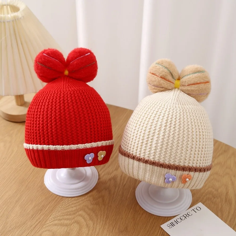 

New Bow Beanie Bonnet Thicken Windproof Knitted Hat Warm Cold Proof Pullover Hat Baby