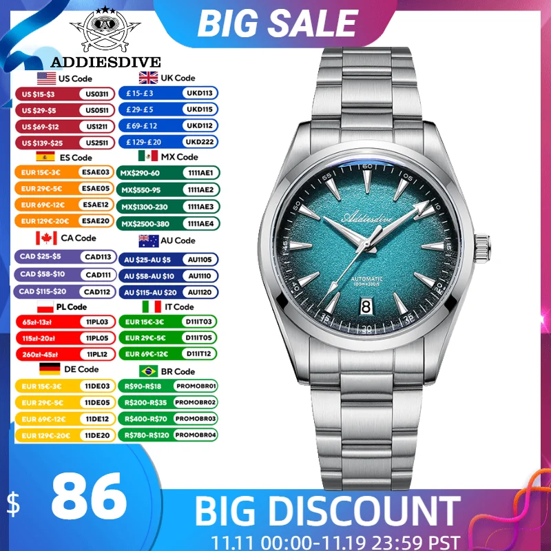 

ADDIESDIVE 39mm Men Automatic Watch New 8215 Mechanical AR Coated Domed Glass BGW9 Luminous Waterproof 200m Diving Dress Watch