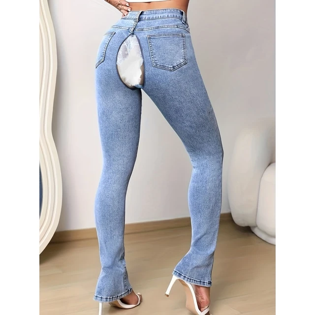 Vintage Color Contrast High Waist Jeans Invisible Open Crotch  