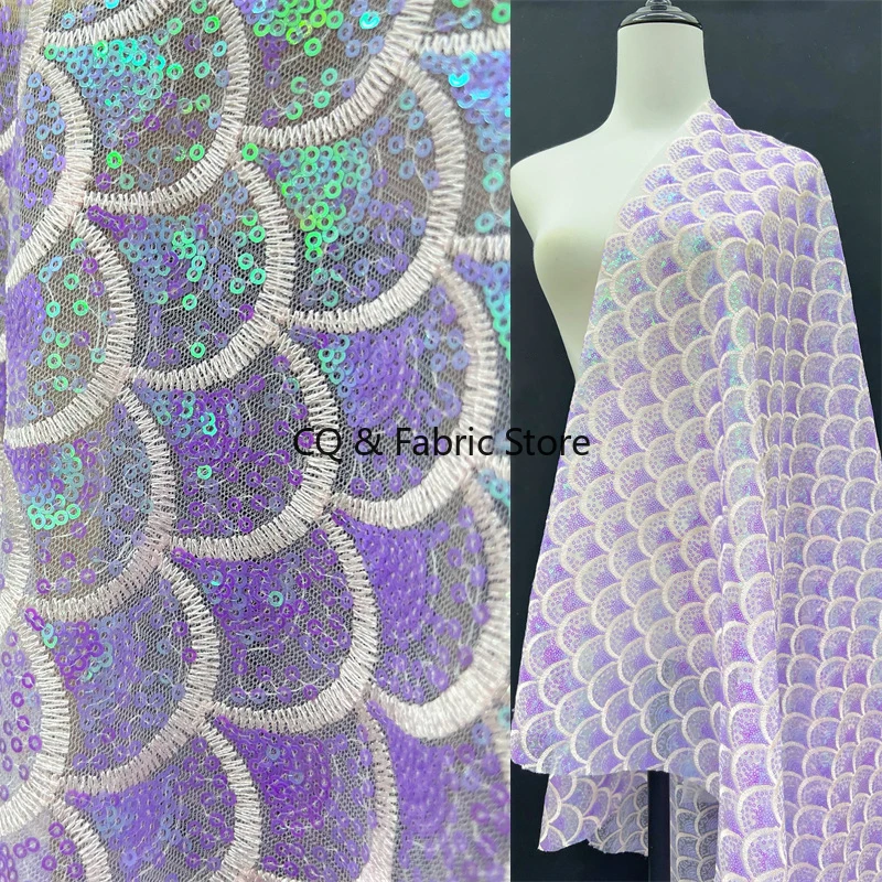 

Purple Sparkly Fish Scale Fabric for Stage Outfits and Performance Wear Bridal Dresses By The Yard
