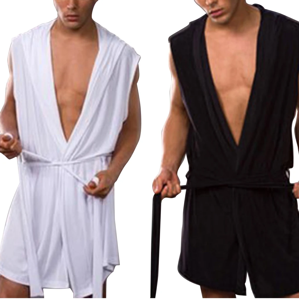 Men Summer Bathrobe Silky Hooded Sleeveless Bathrobe Sleepwear Pajamas