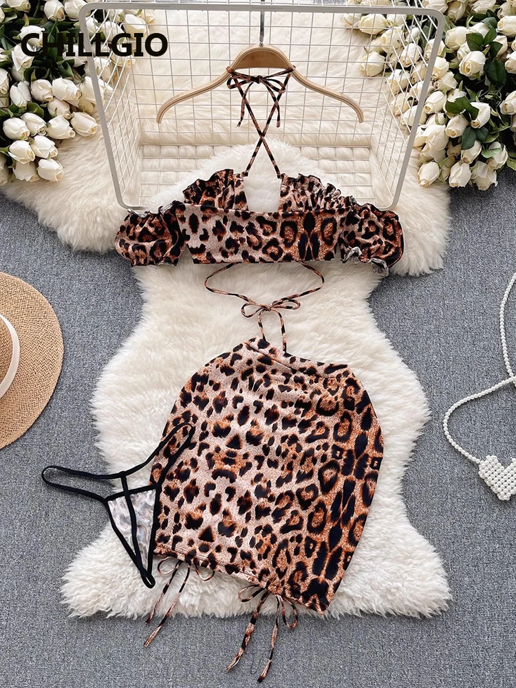 CHILLGIO Women Sexy Leopard Print Skirt Suits Fashion Off Shoulder Halter Camisole Ruched Pencil Skirts Two Pieces Pajamas Sets