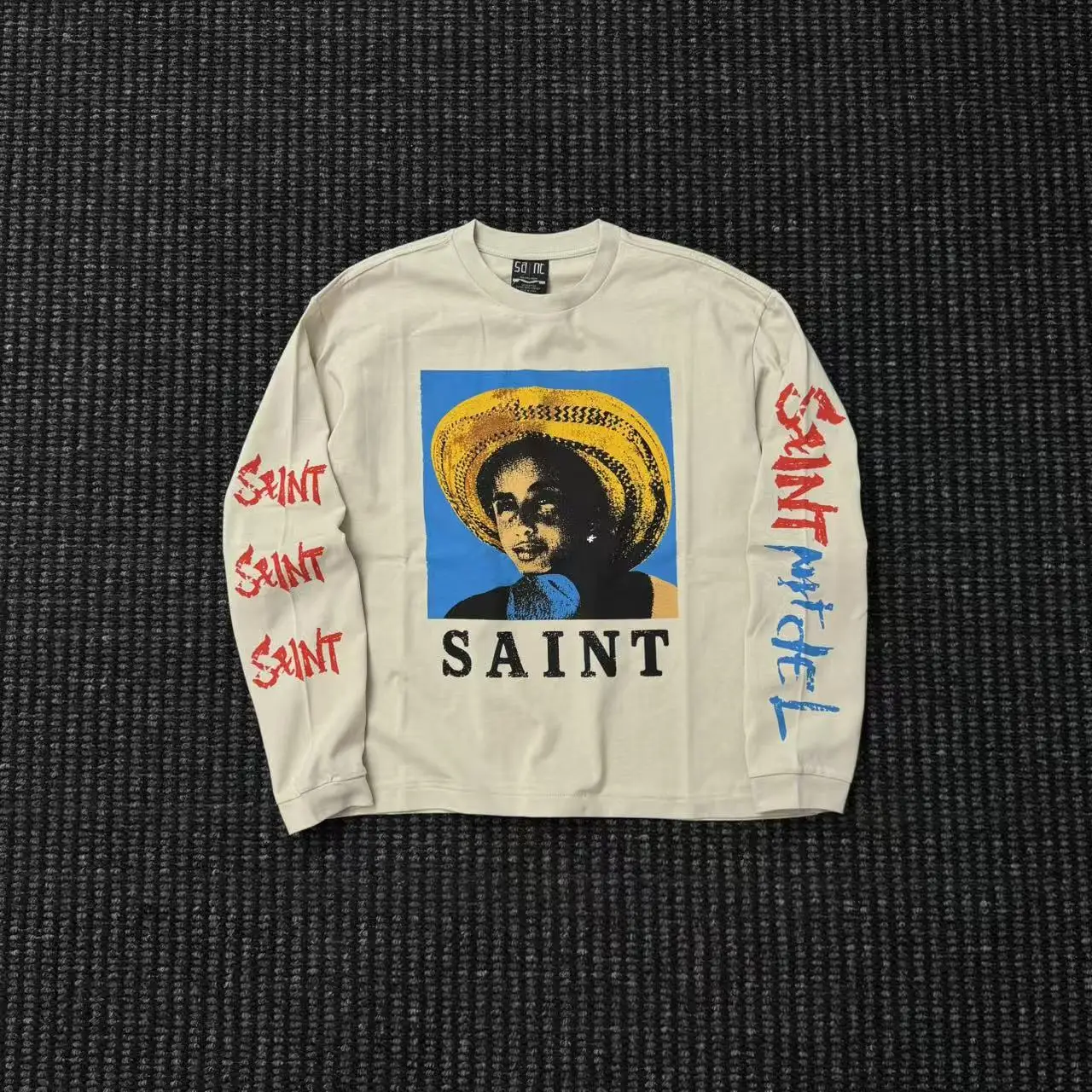 High Street Saint Dark Street Portrait Graffiti Letter Washed Long Sleeve Tshirt Men's Fashion Casual T-shirts