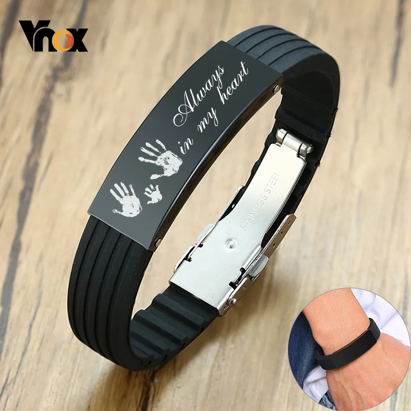 Vnox Customize 16mm Slicone Bracelets for Men Black Stainless Steel Tag Personalize Family Love Bangle Father DAD Husband Gift