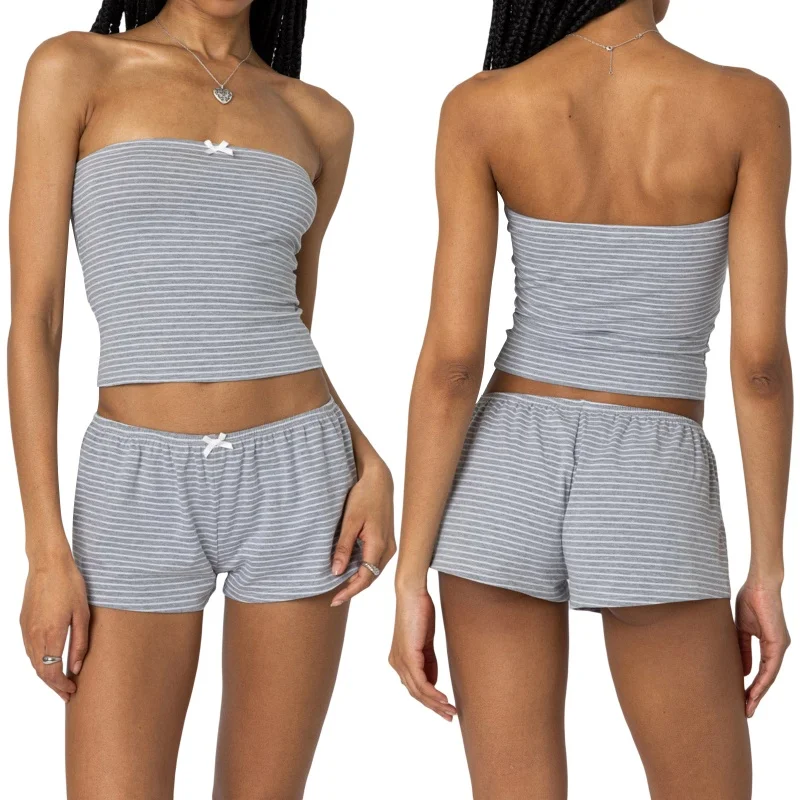 Women Two Piece Outfits Y2k Boy Shorts Set Sleeveless Striped Crop Top Button Down Shorts Set Loungewear Pajamas Set Streetwear