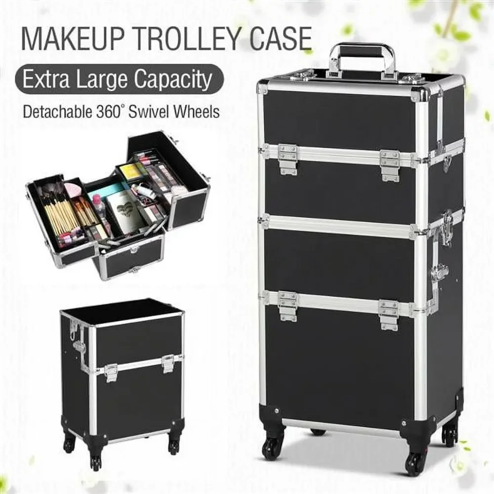 4 360-degreed Wheels 3-in-1 Professional Aluminum Artist Rolling Trolley Makeup Train Case Cosmetic Organizer Makeup Case