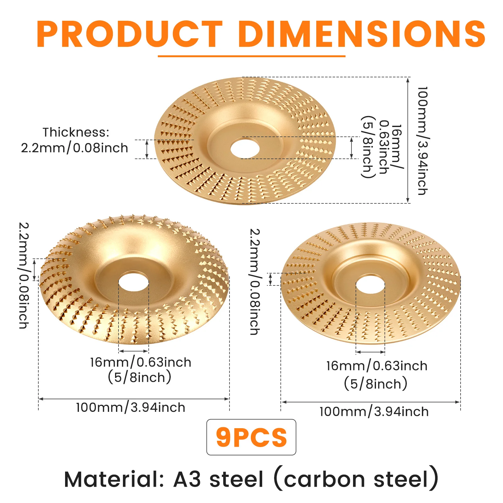 8/9PCS Wood Carving Grinding Disc Set 5/8 Inch Bore For 4 4.5 Angle Grinder Flat Bevel Curved Carbon Steel Shaping Wheel Tool