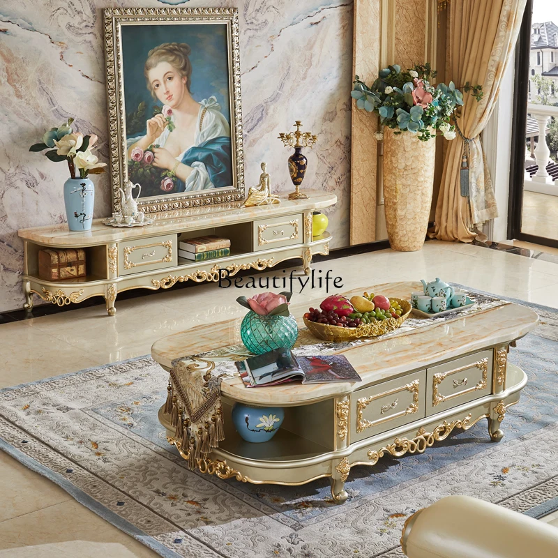 

European villa full solid wood carving flower tea table luxury marble tea table locker