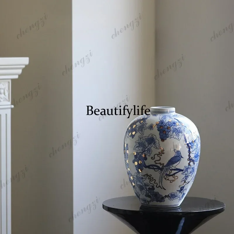 F181  Chinese blue and white porcelain ceramic vase, art ornament entrance living room flower arrangement decoration retro
