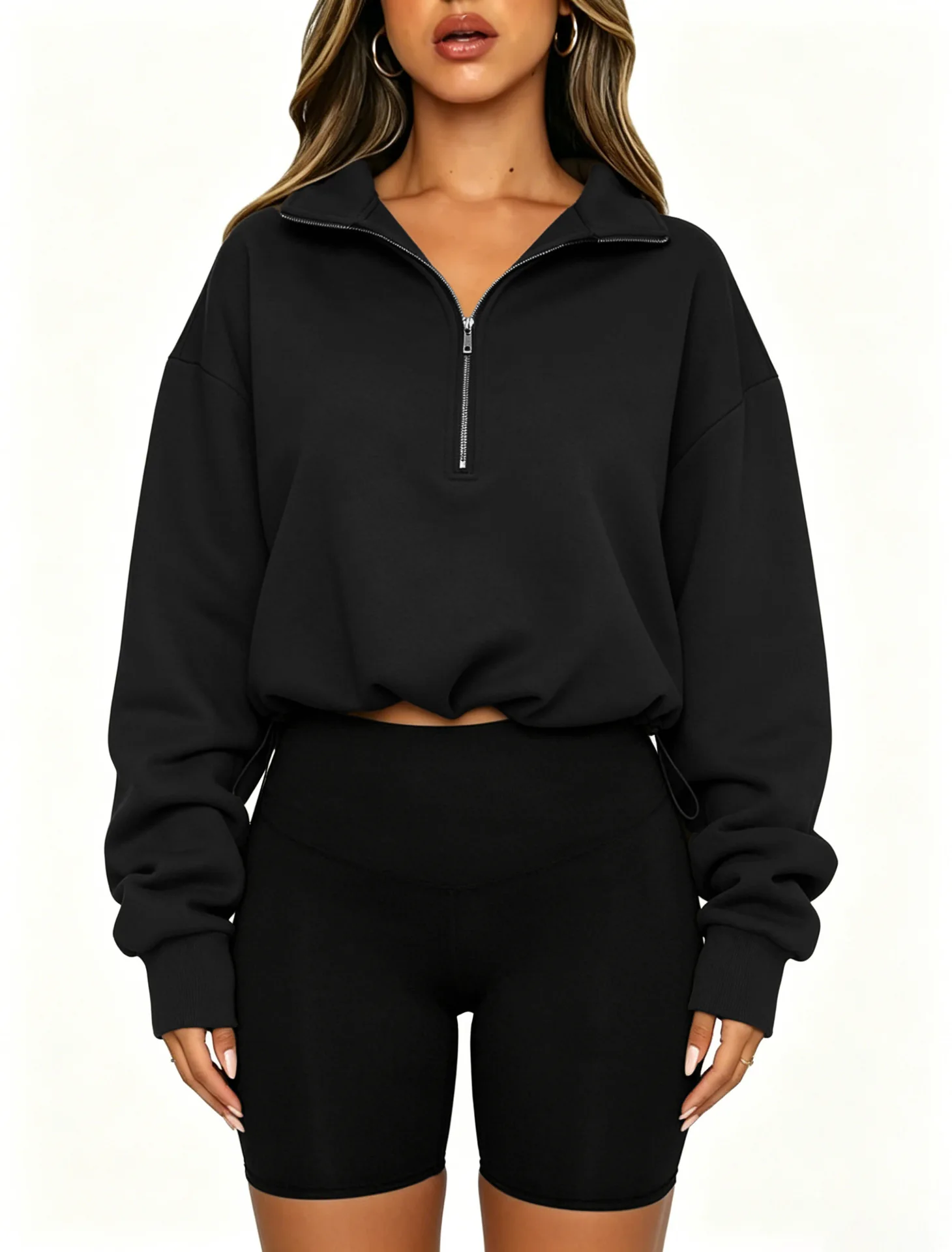 Women Half Zip Sweatshirt Cropped Pullover Oversized Long Sleeve Drawstring Hem Hoodie Y2K Athletic Sportswear