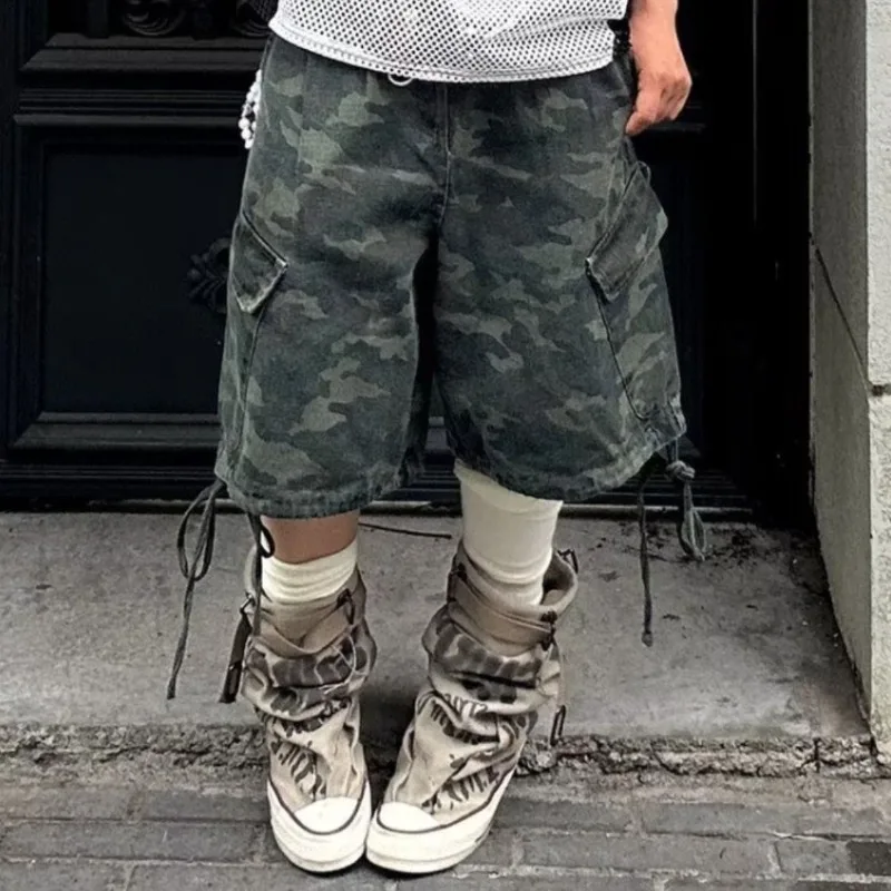 Summer Women's Retro Camouflage Shorts Cool Girl Wide Leg High Waist Half Trousers  Y2k StreetwearFemale Knee Length Pants