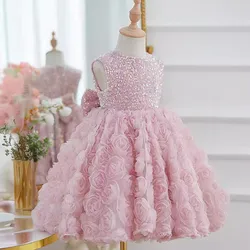 2024 Flower Girl Wedding Pink Princess Ball Gown Children Cute Bow Sequins Sleeveless Birthday Party Dress y1259