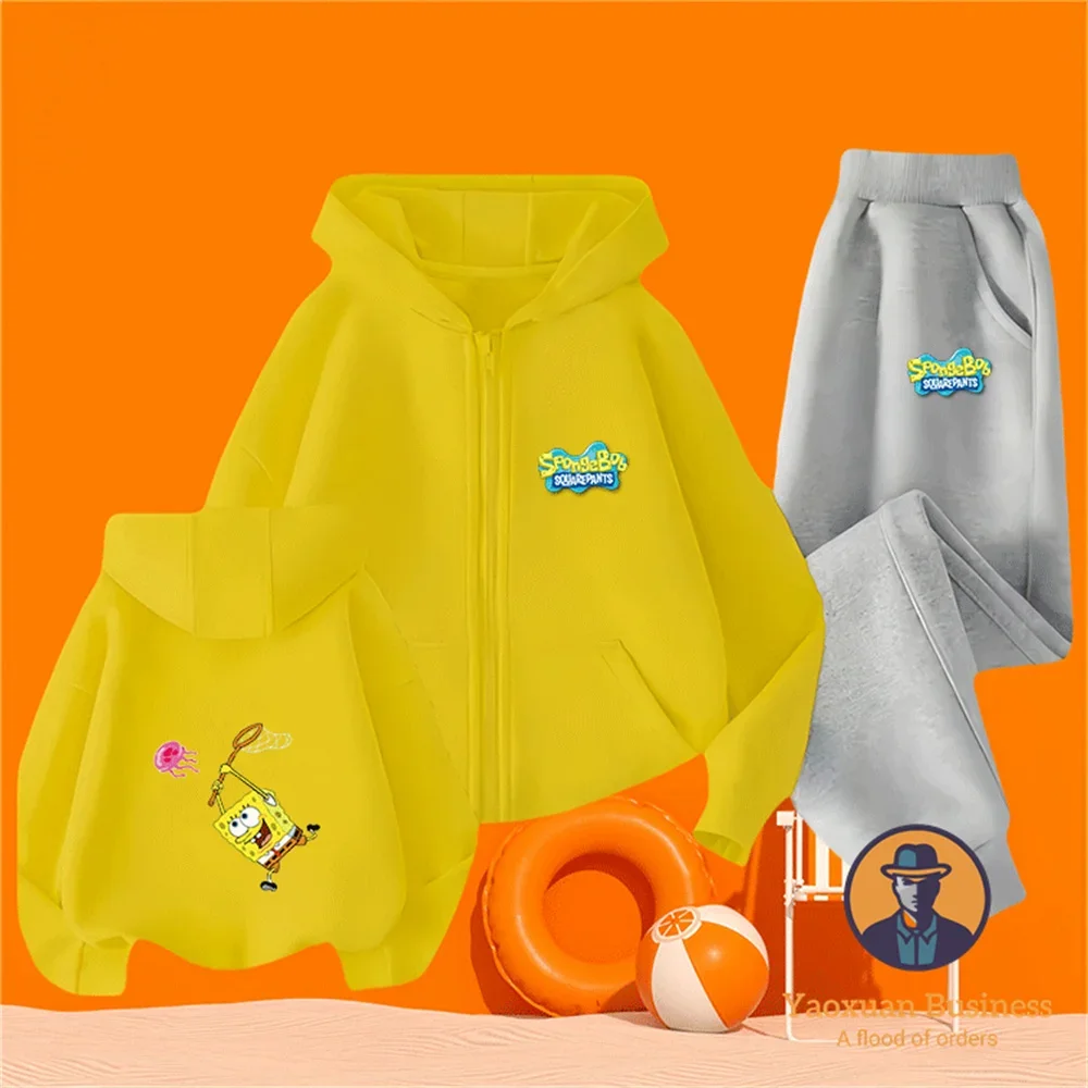 

2-14Y Street Style 2-14Y Pure Cotton Zipper Set SpongeBob SquarePants Fresh Cartoon Autumn Wear