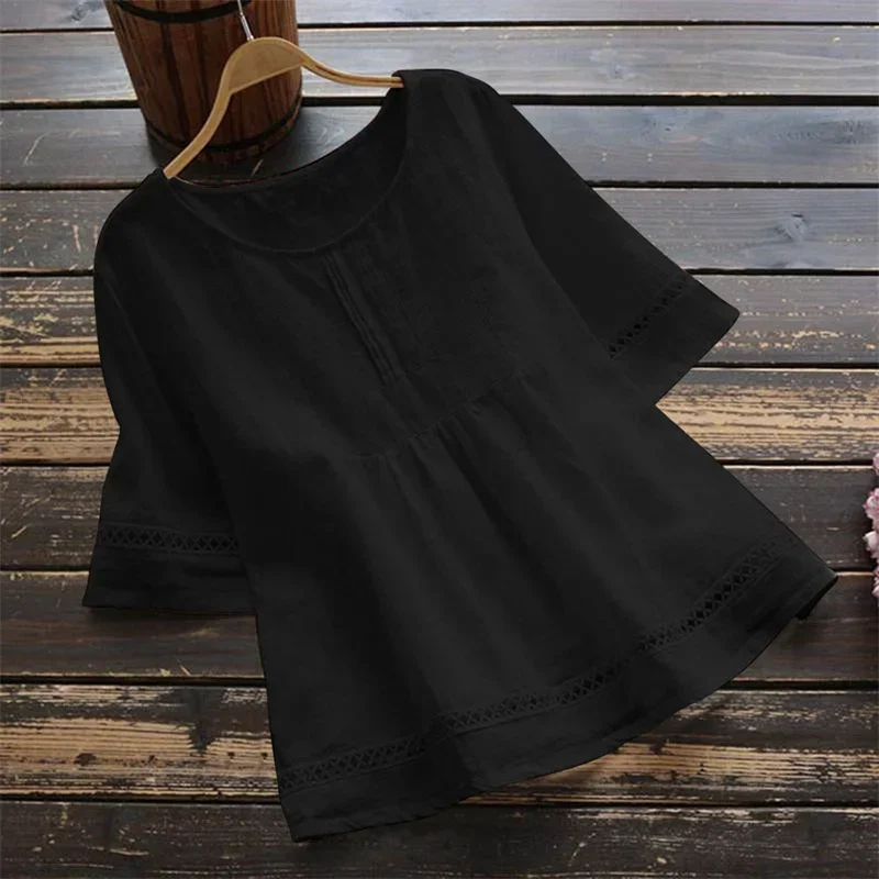Women Minimalist Style Solid Color Shirt O Neck Pullover Hollow Out Splicing Half Sleeve Blouse Casual Cotton Linen Female Tops