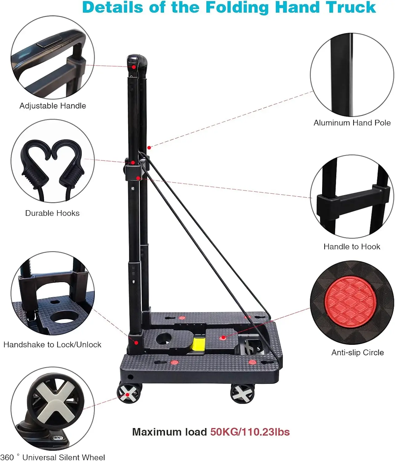 Caminhão De Mão Dobrável Portátil Com 4 Rodas, Alça Ajustável, Bagagem Viagem, Compras, Movendo, Uso De Escritório