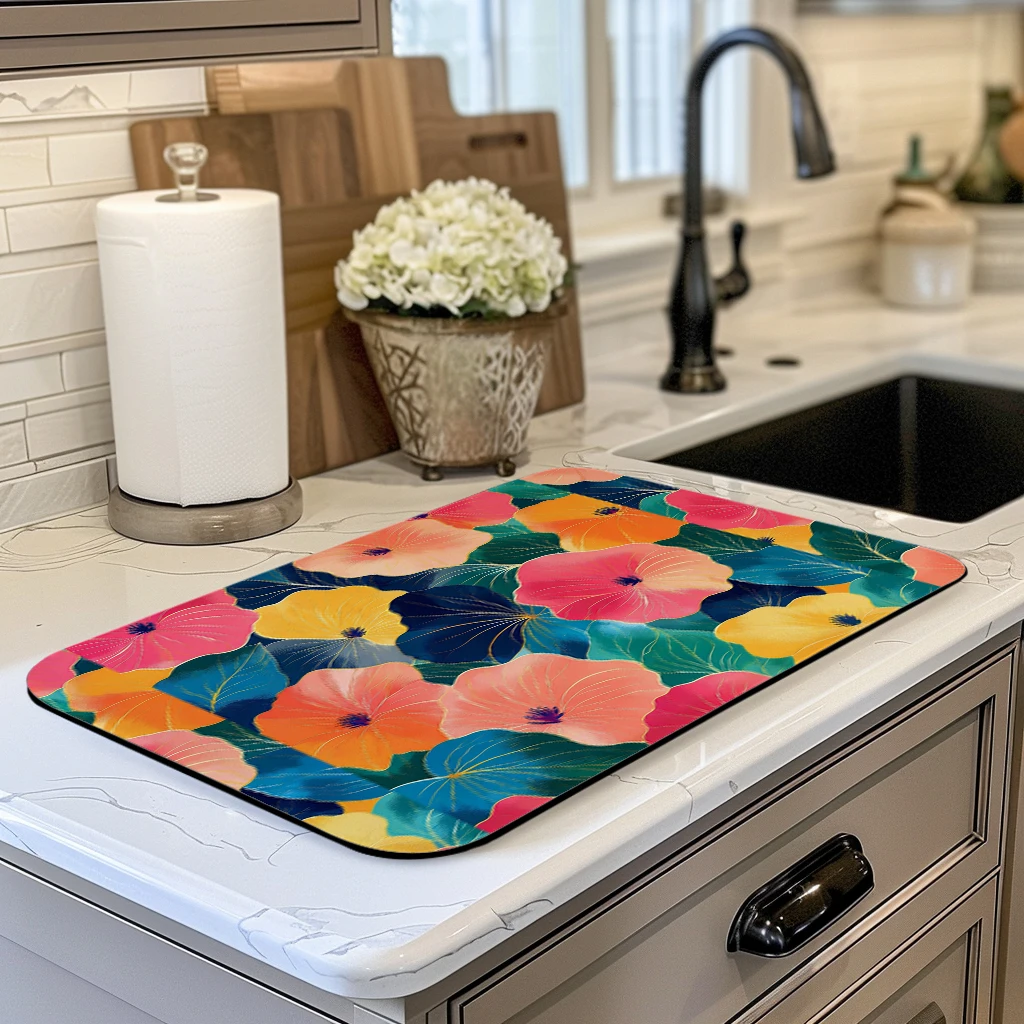 Vibrant Floral Pattern Polyester Absorbent Mat - Decorative Mat for Home, Stylish Indoor Decor Accessory