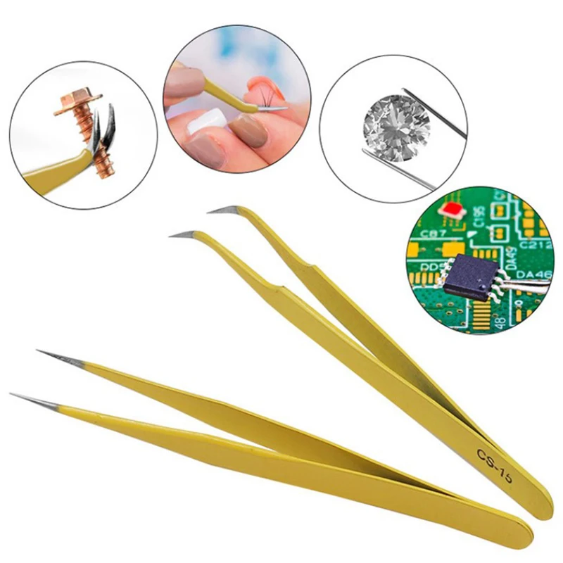 Stainless Steel Tweezer Yellow Anti-Static Antimagnetic Tweezer For Electronics Phone Repairing Tool Eyebrow/Eyelash Tweezer DIY