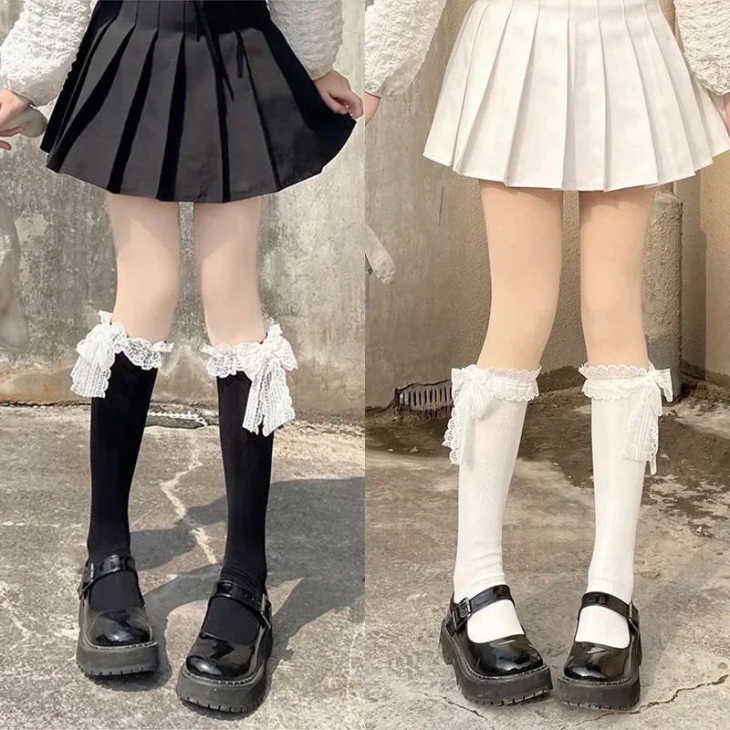 

Lace Strap Women Stockings Adorable Japanese-Style JK Bow Tube Knee High Calf Socks Lolita Lace-Up Bowknot Soft Velvet Stockings