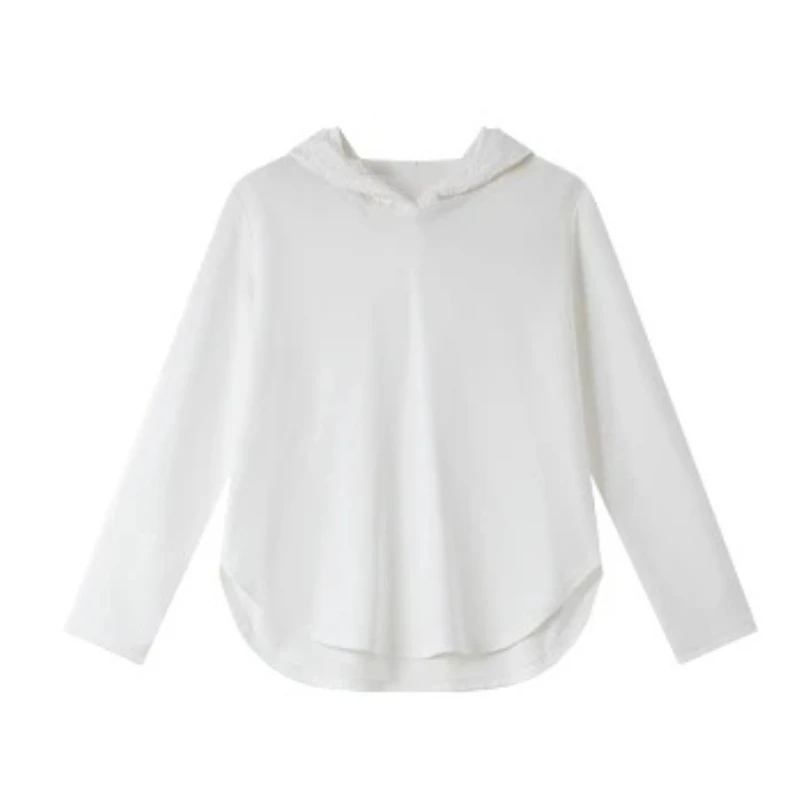 VIMLY Women's White Long Sleeve Tops Casual Lace Hooded Ladies Tees Autumn 2025 New Elegant Knitted Cotton T-shirts Femmes A2135