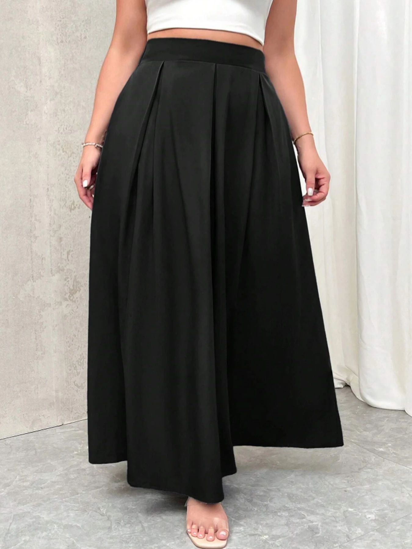 Maxirock in Übergröße für Damen, einfarbig schwarz, hohe Taille, plissiert, elastischer Bund, lässiger, lockerer langer Rock für Damen. – Detail 5