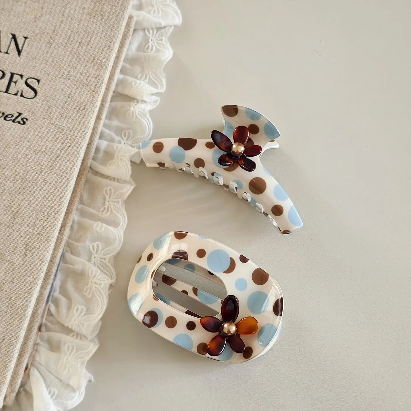 Vintage Polka‑Dot Flower Hair Claw & Alligator Clips, French‑Style Gentle Hair Accessories, Versatile Daily Hair Decor