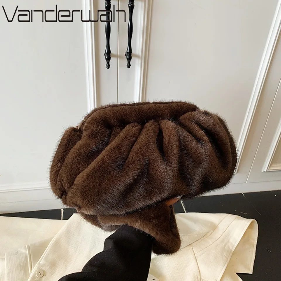 

Winter Mink Fur Wrinkle Shoulder Crossbody Bags for Women 2025 Fashion Cute Shell Bag Women Bags Solid Color Messenger Handbags