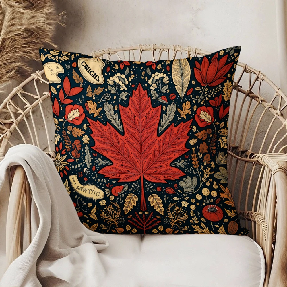 Square Throw Pillow Cover Dark Blue Red Maple Leaf Autumn Floral Pattern With Vintage Labels For Living Room Sofa Bedroom Home