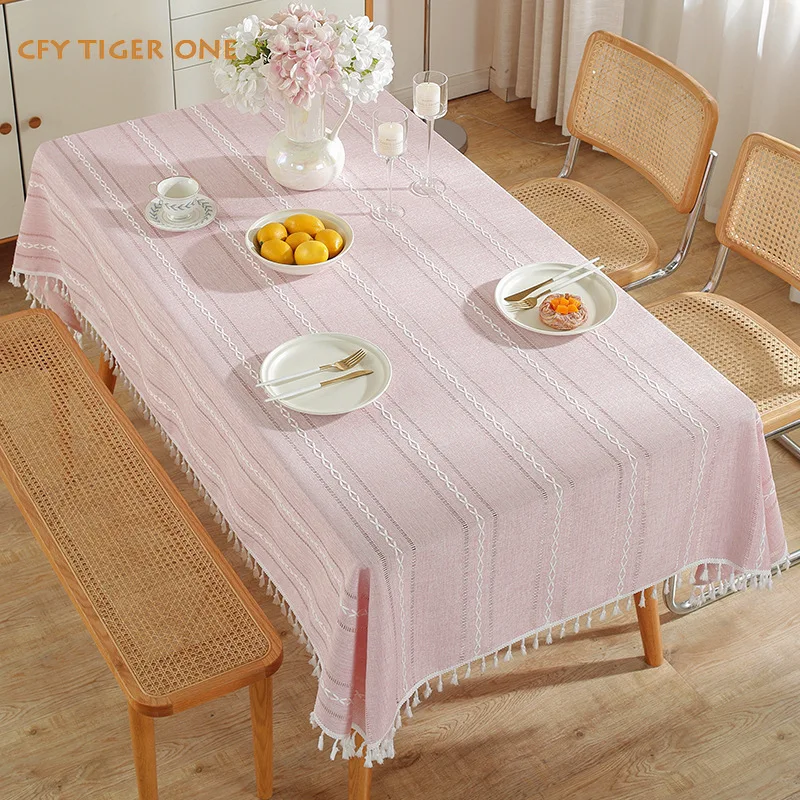 Nordic Embroidery Stripes Tablecloth Antifouling Rectangular Tablecloth Washable and Oil Resistant Coffee Table Mat Table Cover