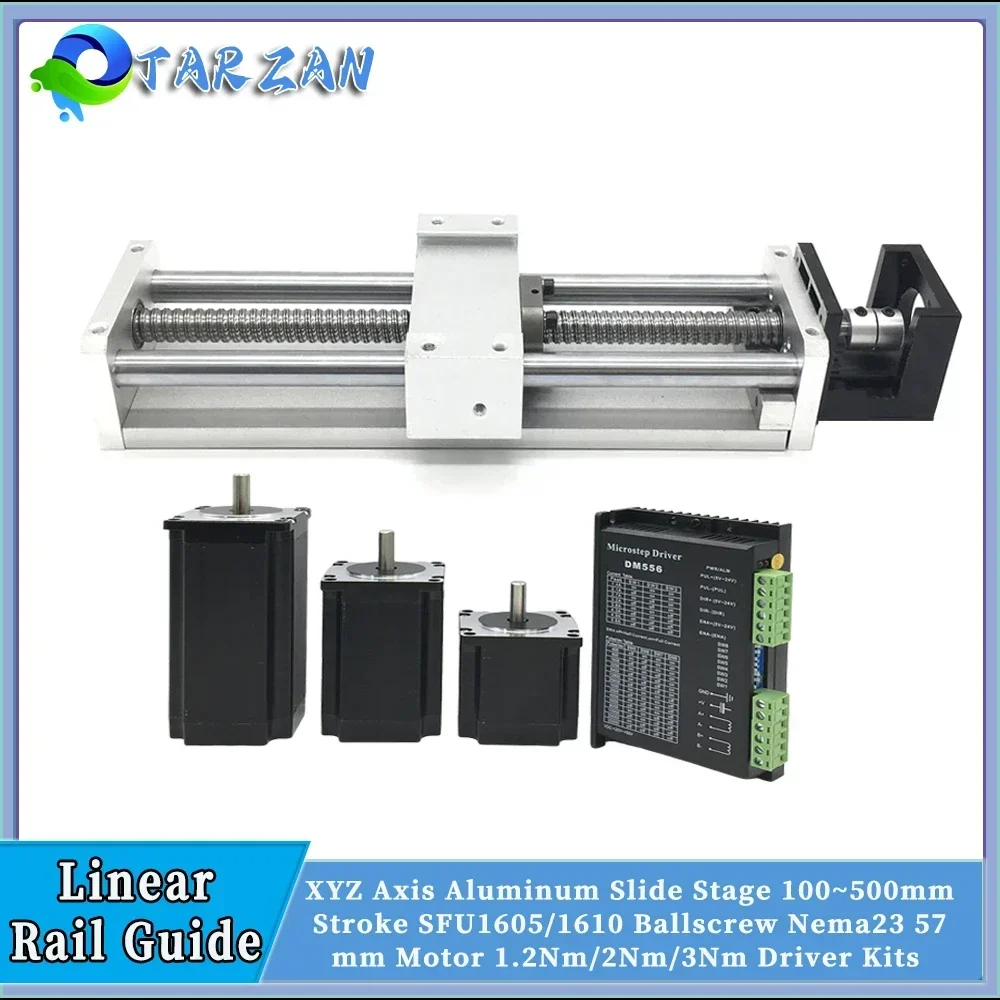 Linear Rail Guide 100~500mm Stroke SFU1605/1610 Ballscrew Sliding Table Nema23 Stepper Motor 1.2Nm/2Nm/3Nm Kits XYZ Table CNC