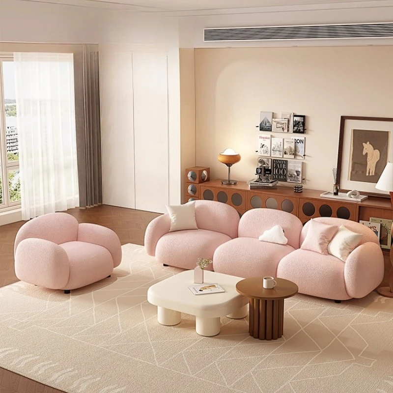 

Cream wind pink sofa living room household small apartment bedroom clothing store lounge area lazy cute double sofa