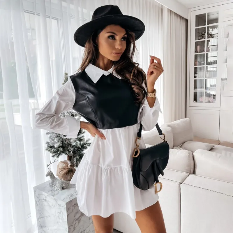 

2024 New Autumn Lapel Patchwork Contrasting Printed Plaid Women's Dress Long-Sleeved PU Splicing A-Line Mini Dress Vestido Mujer