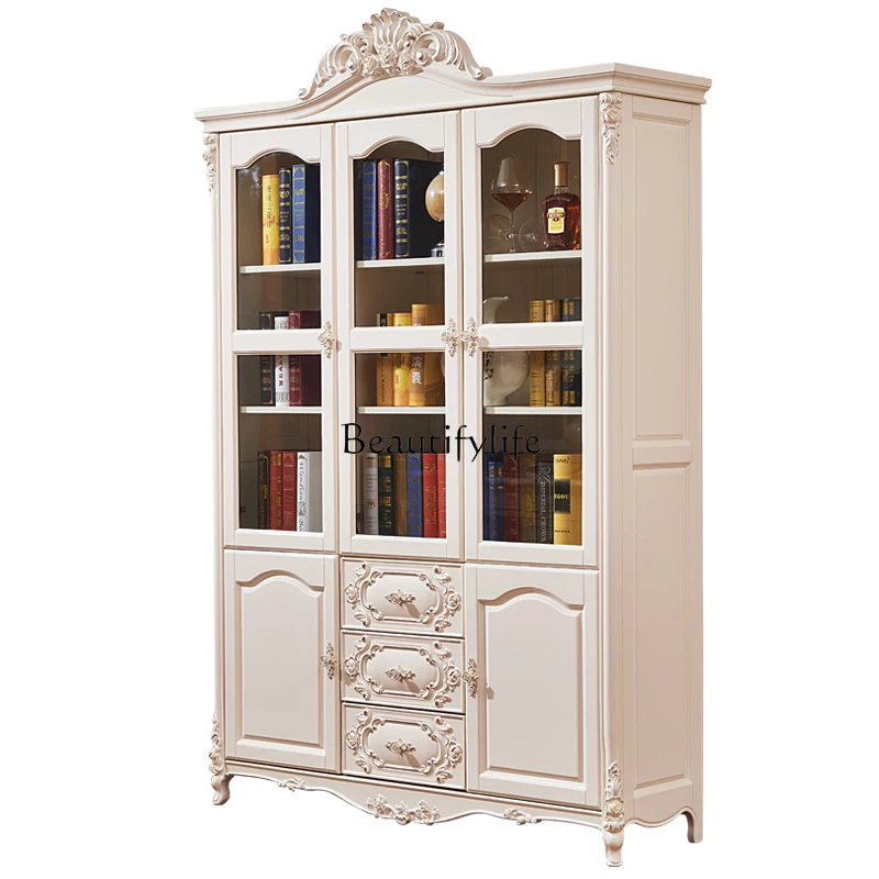 

Европейский цельный деревянный американский неоклассический трехдверный учебный шкаф из белого золота с отслеживанием серебряного вина