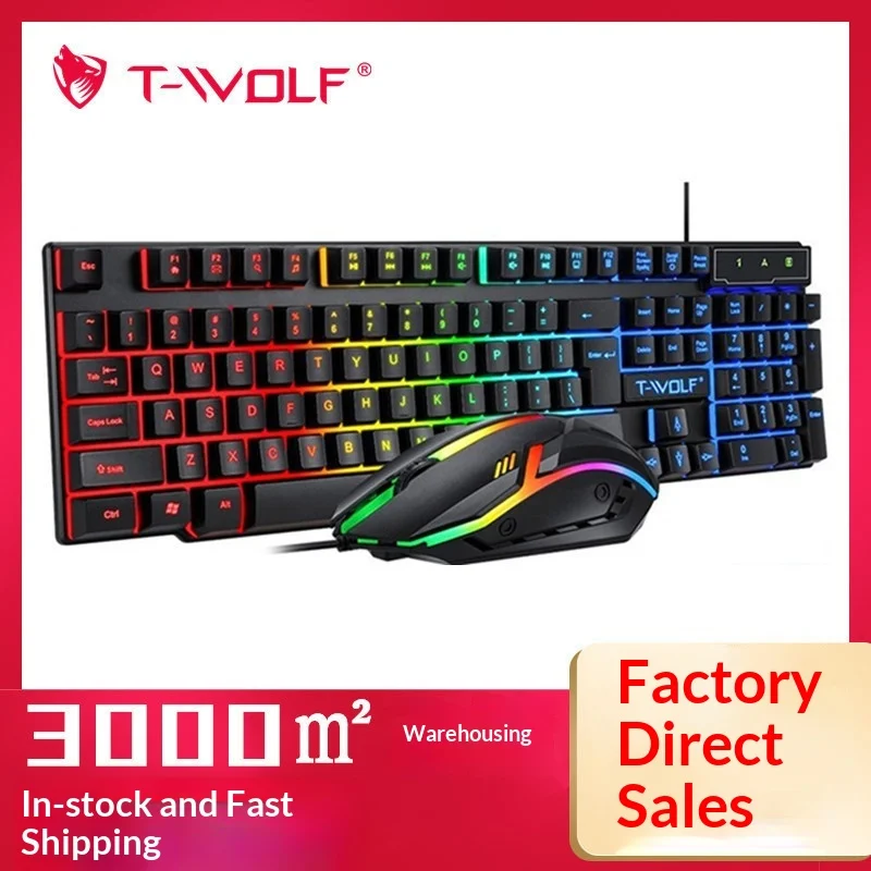 T-Wolf Tf200 Usb Wired Gaming Keyboard Mouse Set Spanish Russian Layout Rgb Backlit Suspended Keycaps Mechanical Feel For Gamers
