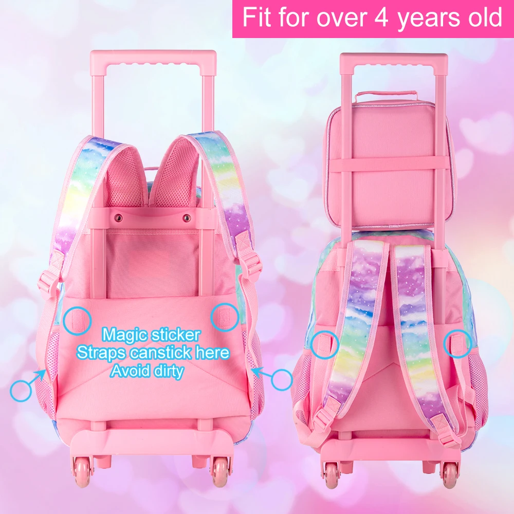 3PCS Rolling Backpack for Girls, Kids Roller Wheeled Bookbag with Lunch Box, Backpacks with Wheels for Elementary