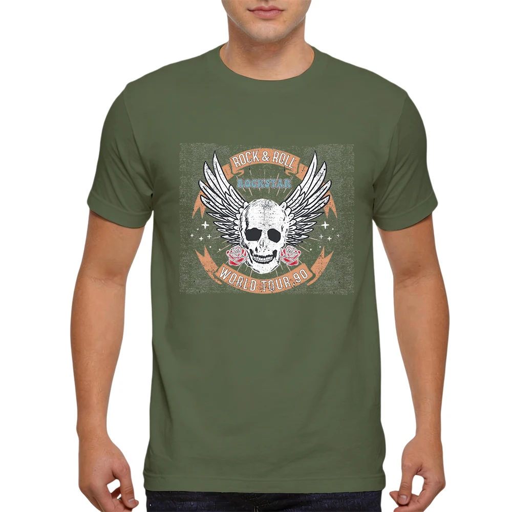 Mens 100% Cotton T Shirt Vintage Distressed Winged Skull Red Rose Grunge Graphic Print Breathable Short Sleeve Casual Daily Tee
