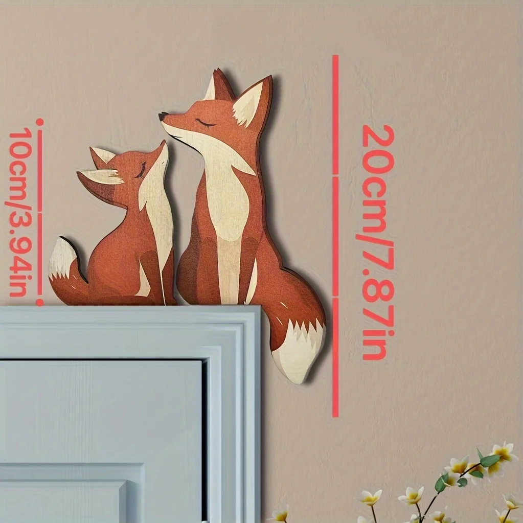 1 Stück Holz-Fuchs-Ornament „Mutter und Sohn“, Türschild, Eckdekoration, kreative Holzkunststatue, Türrahmendekoration, kleiner Fuchs – Detail 2