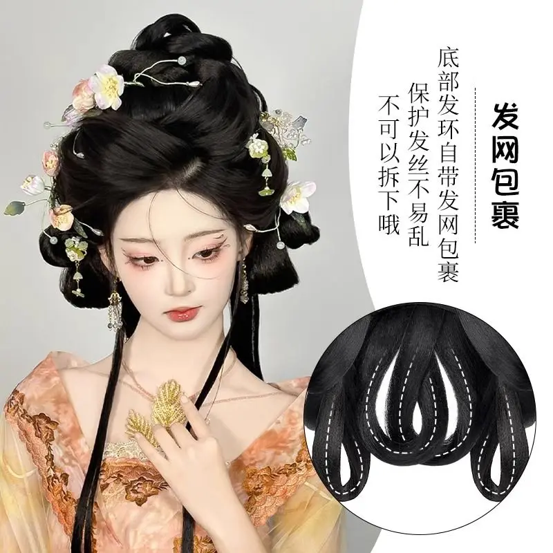 Complete Hanfu Hair System - All-in-One Ming/Tang Dynasty Fake Bun with Padding & Decorations Historical Hairpiece Complete Kit
