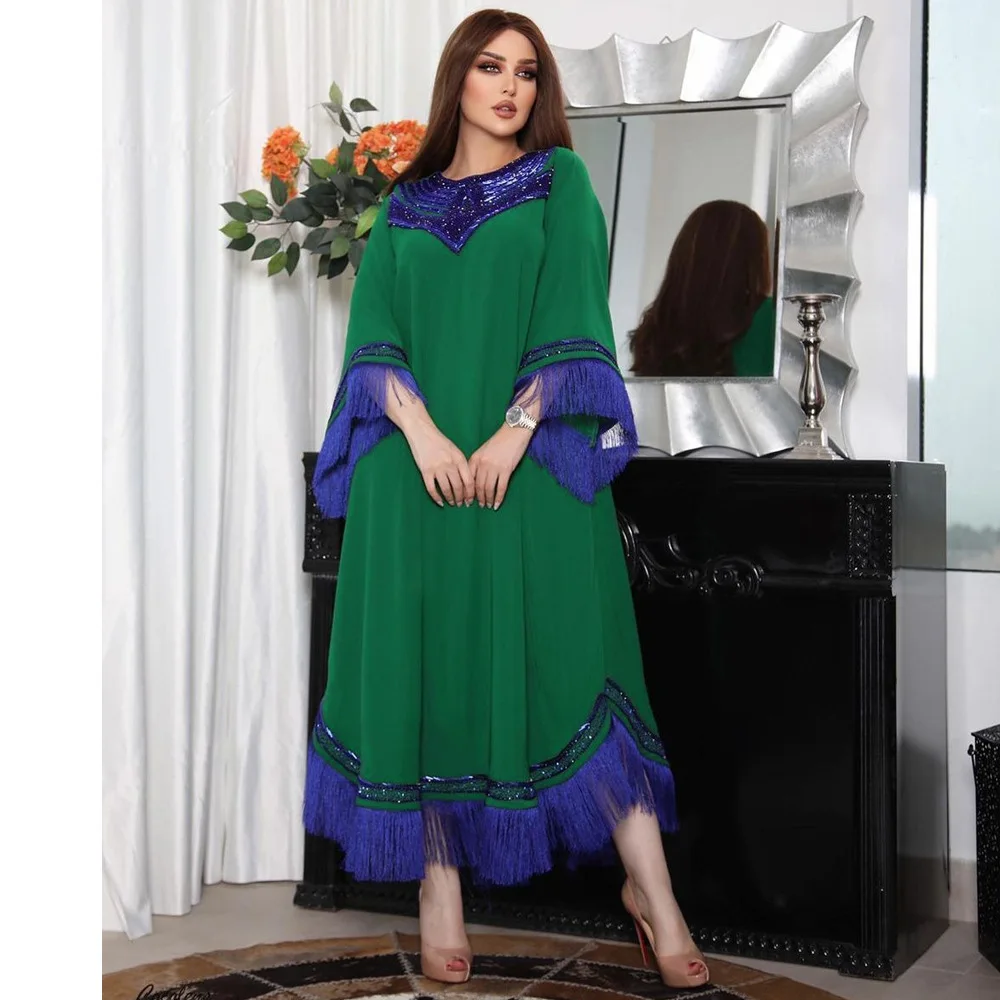 Women's Ramadan Muslim Clothing Fringe Sequined Green Dress Turkish Indian Abaya Arab Islamic Women Moroccan Kaftan Robe