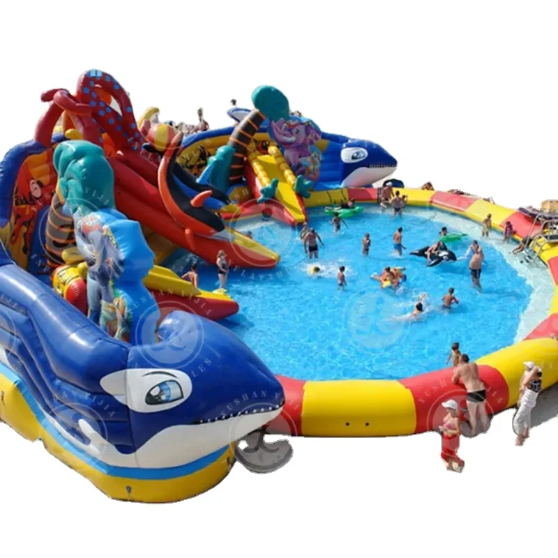 Tobogán gigante del agua inflable del parque acuático de la piscina del tema de encargo con la piscina desmontable