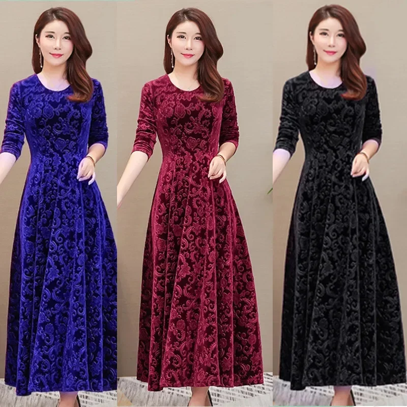 

2023 Spring Autumn V-neck Long Dress Gold Velvet Embossed Long Sleeve Women Dress Temperament Slim Fit V-neck Large Swing Skirt