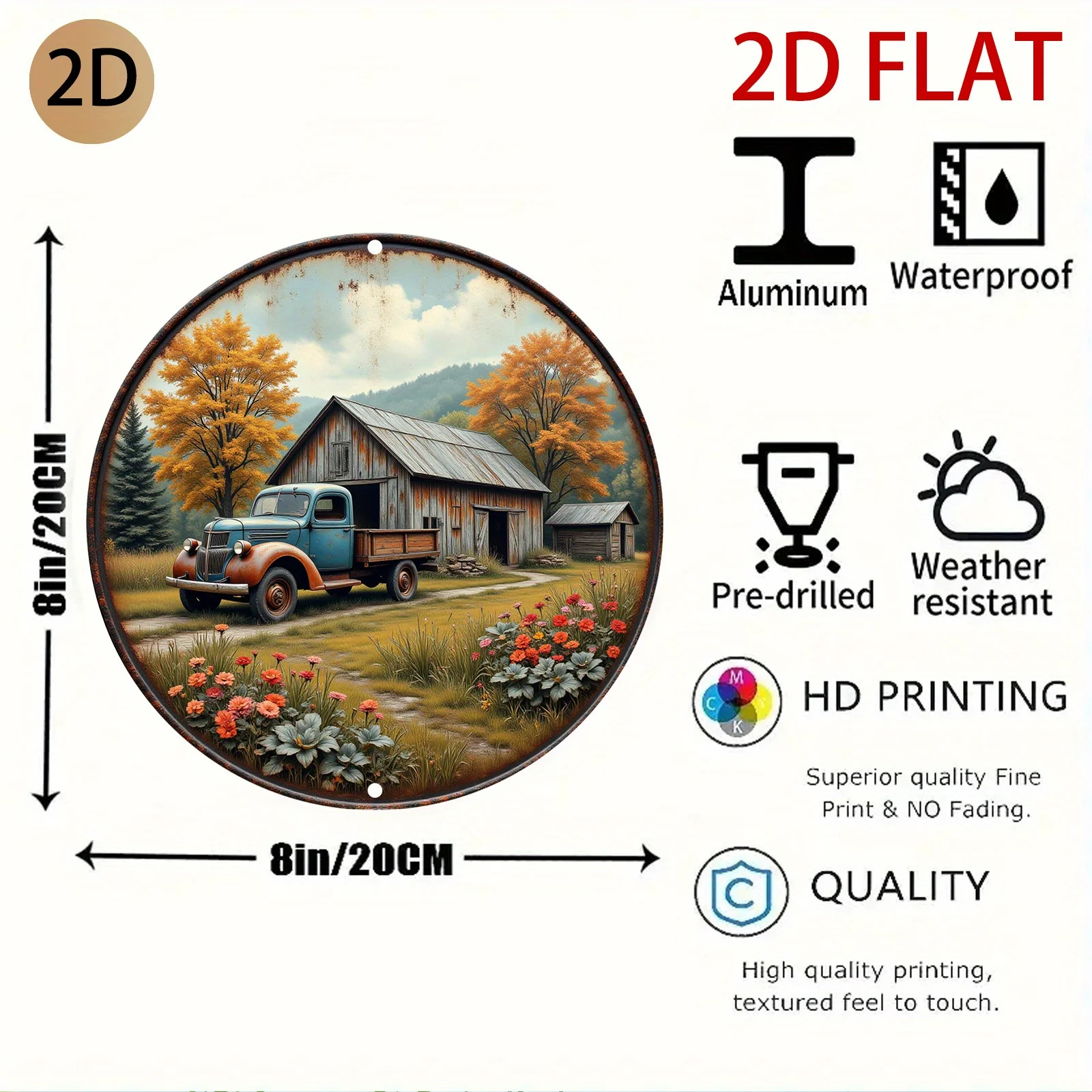 Vintage Farm Truck & Barn Metal Wall Art - Turquoise Blue Rustic Farmhouse Sign with Red Pickup Truck, Barn & Autumn Foliage - /