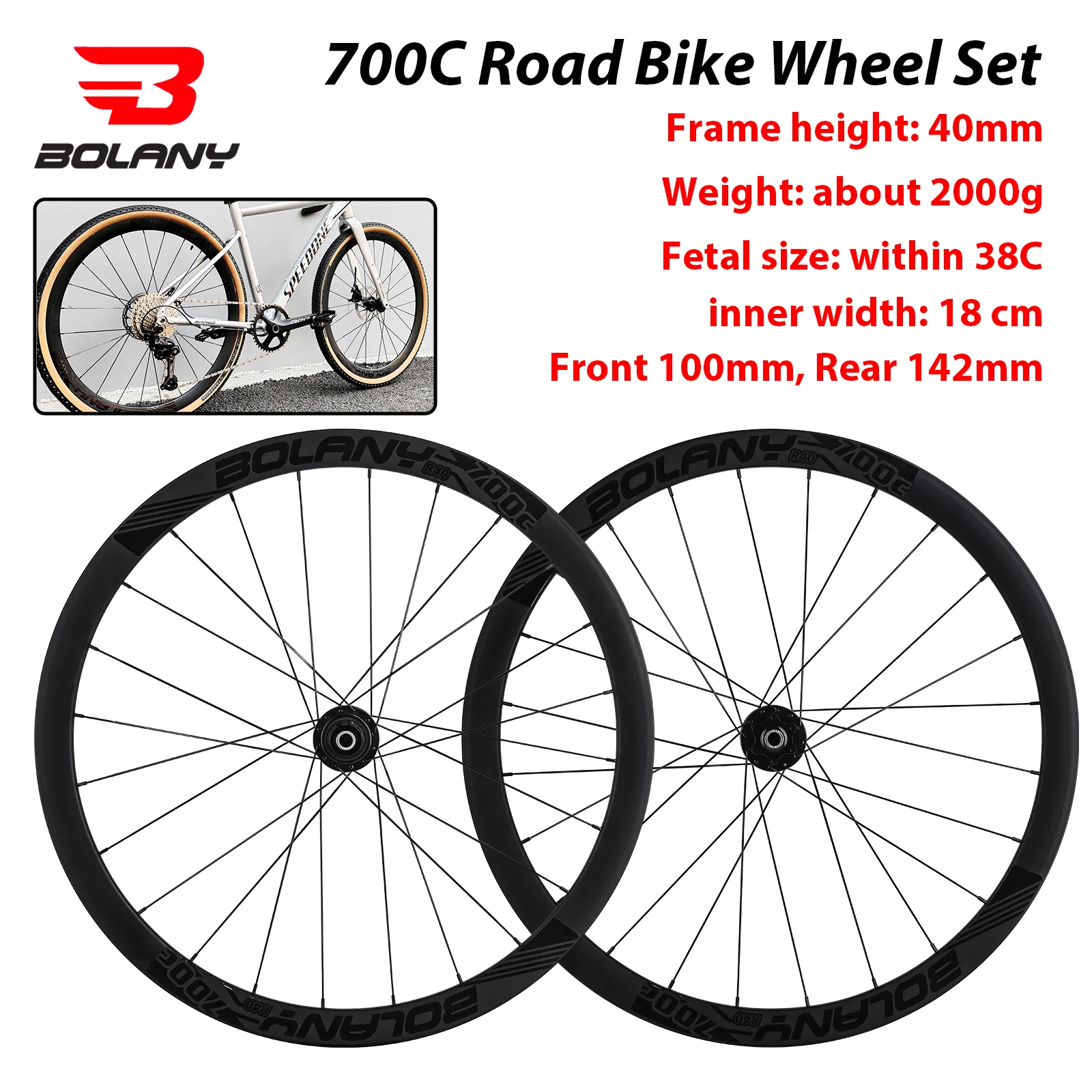 Bolany 700C Road Wheelset Height 40mm Clincher Bike Wheels Disc Brake Road Thru-Axle Wheelset Inner Width 700x23-38C Tyre HG