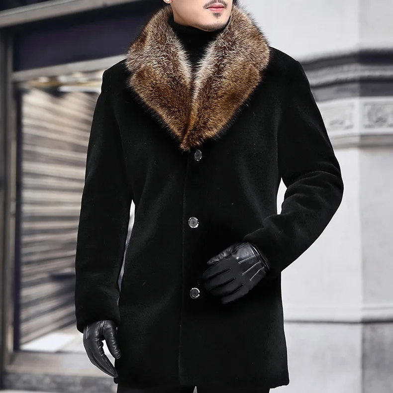 Winter Man Jacket Thicken Mid Length Fur Turn Down Collar Male Over Coat Single-breasted Long Sleeve Daily Men Windbreaker